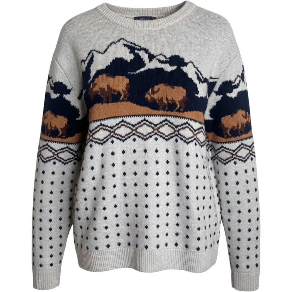 Old Navy Mens XXL Bison Mountain Scenic Jacquard Knit Crew Neck Sweater Grey